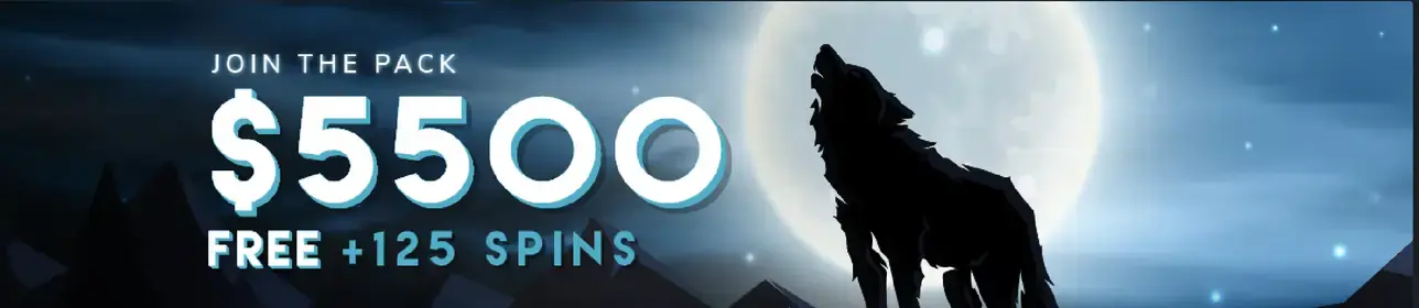 Wolf Winner welcome offer banner: Join the Pack, $5,500 free plus 125 spins, a wolf howling at the moon