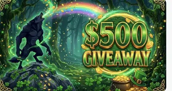 Wolf Winner $500 St Patrick’s Day giveaway post on X: a wolf howling a rainbow of coins into a pot of gold